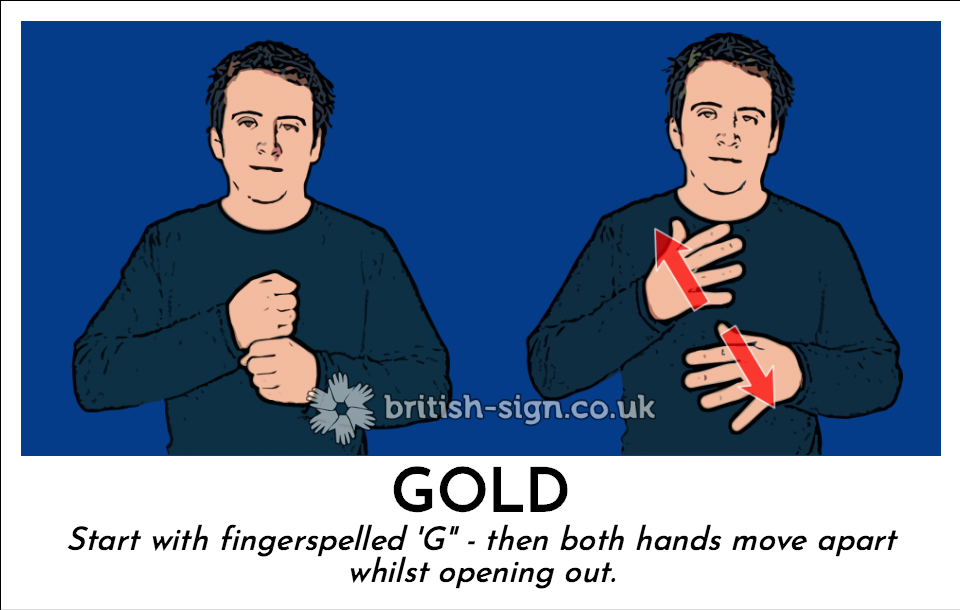 Gold: Start with fingerspelled 'G" - then both hands move apart  whilst opening out.